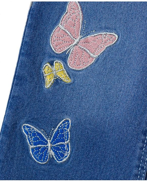 Babyhug Denim Full Length Flared Washed Jeans With Stretch & Butterfly Embroidery - Blue