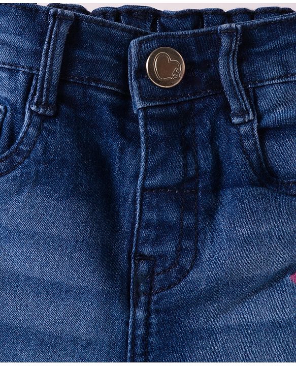 Babyhug Denim Mid Thigh Shorts With Floral Embriodery - Blue