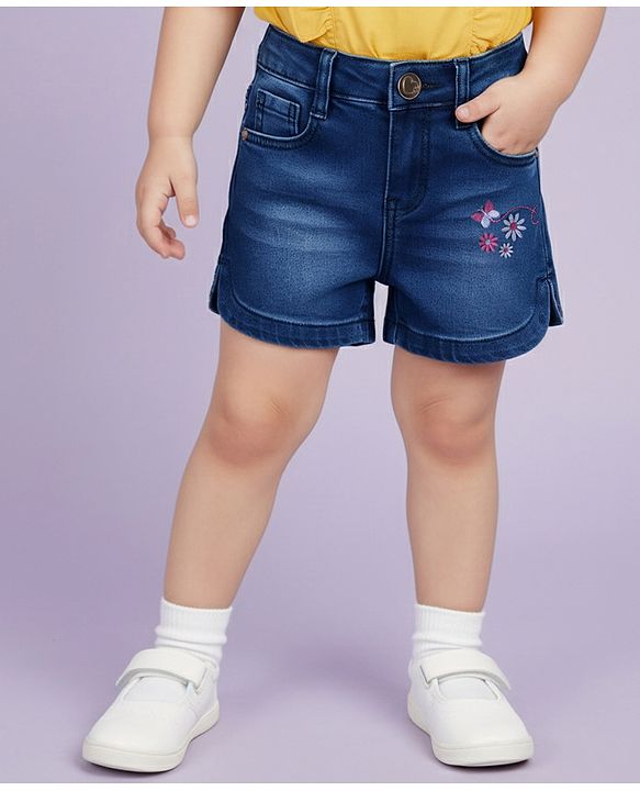 Babyhug Denim Mid Thigh Shorts With Floral Embriodery - Blue