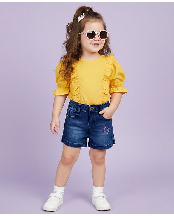Babyhug Denim Mid Thigh Shorts With Floral Embriodery - Blue