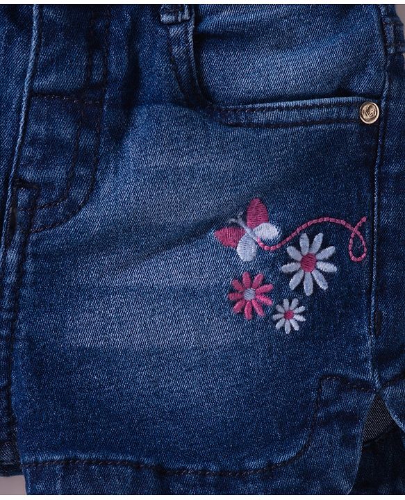 Babyhug Denim Mid Thigh Shorts With Floral Embriodery - Blue