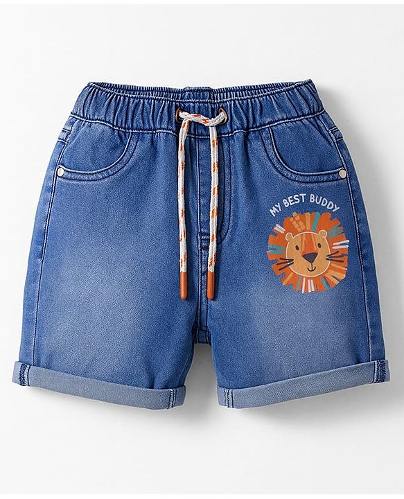 Babyhug Denim Mid Thigh Short With Stretch & Animal Print - Blue