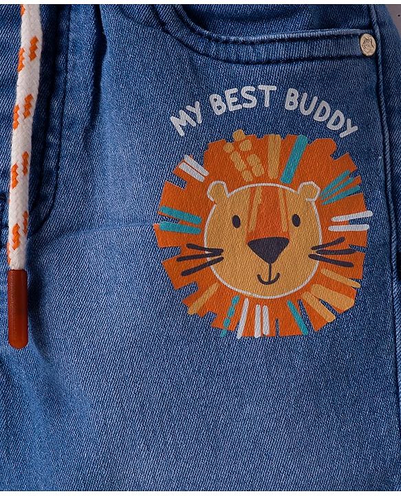 Babyhug Denim Mid Thigh Short With Stretch & Animal Print - Blue