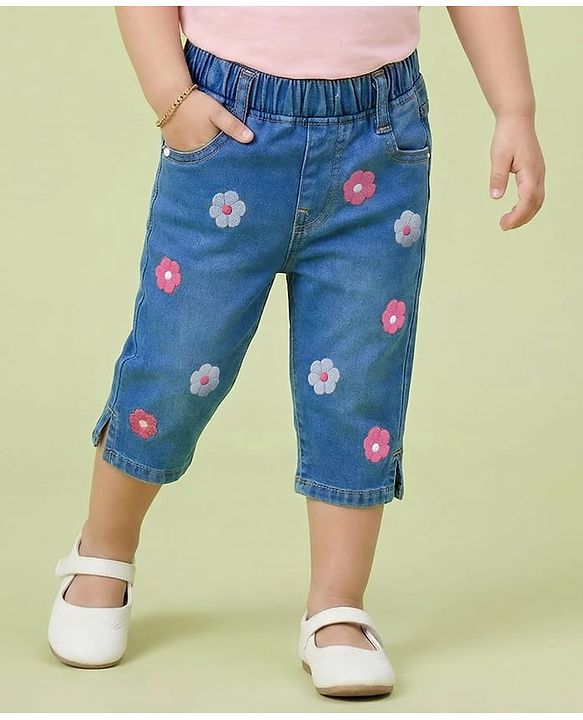 Babyhug Denim Capri With Stretch & Floral Embroidery - Blue