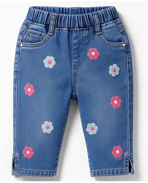 Babyhug Denim Capri With Stretch & Floral Embroidery - Blue
