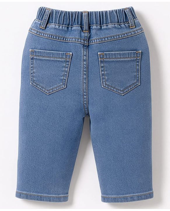 Babyhug Denim Capri With Stretch & Floral Embroidery - Blue