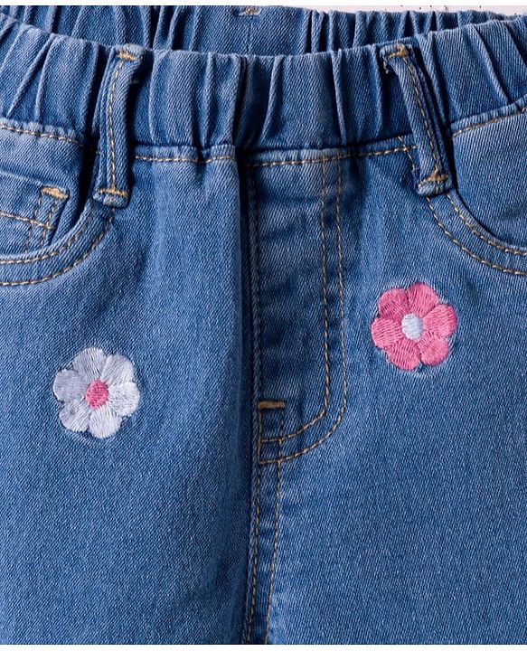 Babyhug Denim Capri With Stretch & Floral Embroidery - Blue