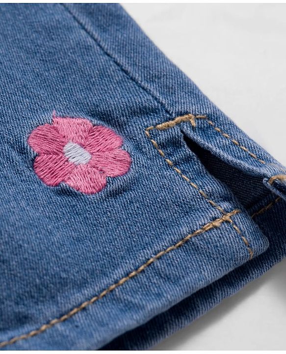 Babyhug Denim Capri With Stretch & Floral Embroidery - Blue