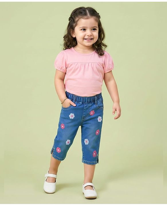 Babyhug Denim Capri With Stretch & Floral Embroidery - Blue