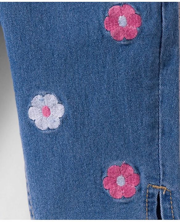 Babyhug Denim Capri With Stretch & Floral Embroidery - Blue