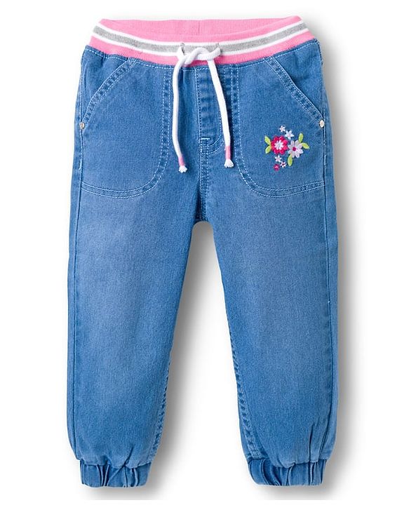 Babyhug Denim Full Length Jogger With Stretch & Floral Embriodery - Blue