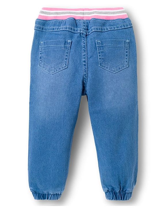 Babyhug Denim Full Length Jogger With Stretch & Floral Embriodery - Blue