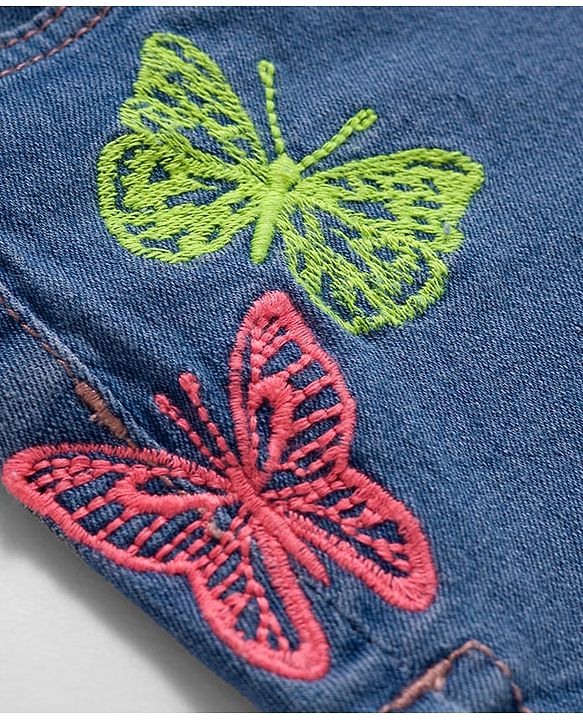 Babyhug Denim Mid Thigh Short With Butterfly Embriodery - Blue