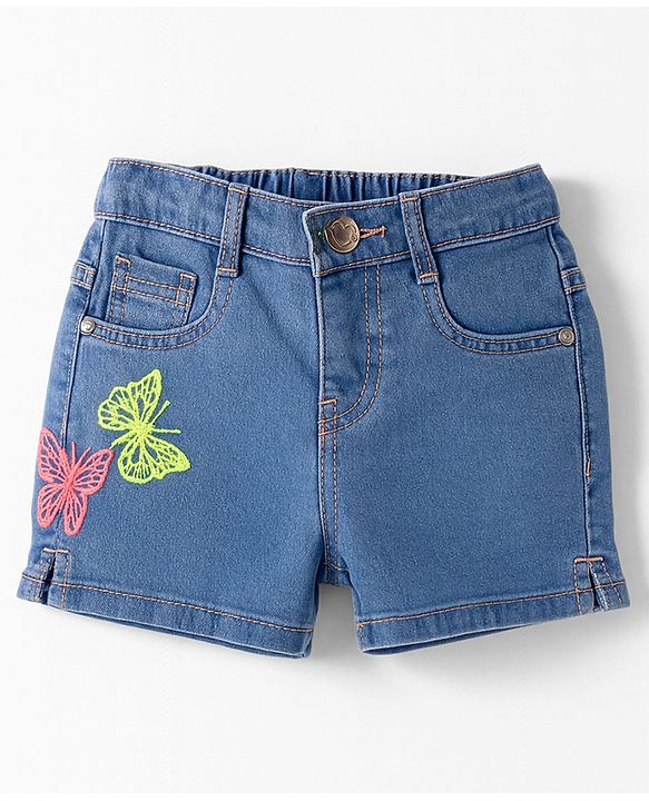 Babyhug Denim Mid Thigh Short With Butterfly Embriodery - Blue