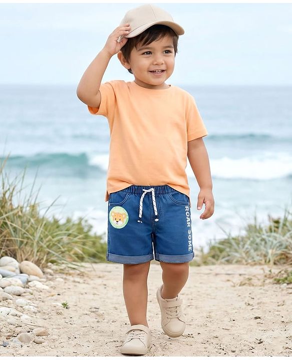 Babyhug Denim Mid Thigh Short With Stretch & Text Print - Navy Blue
