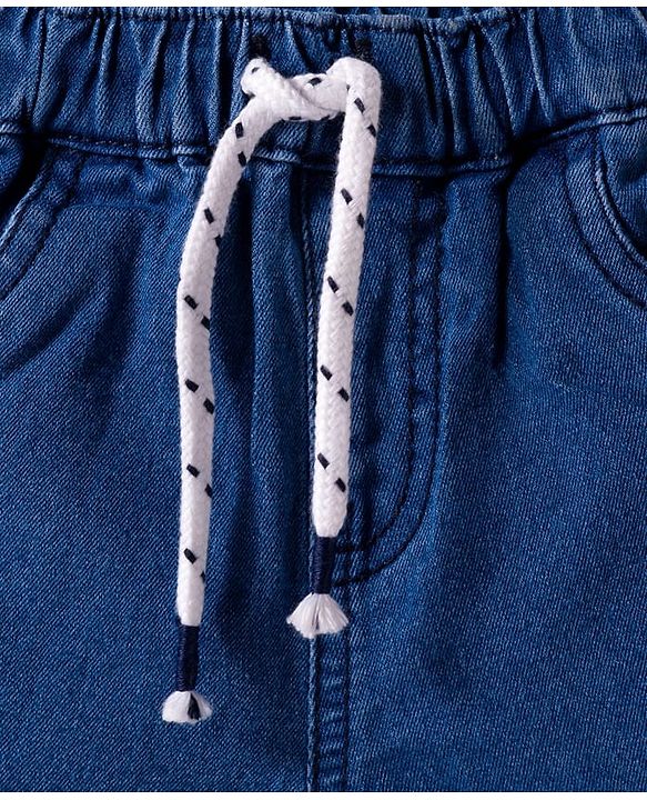 Babyhug Denim Mid Thigh Short With Stretch & Text Print - Navy Blue
