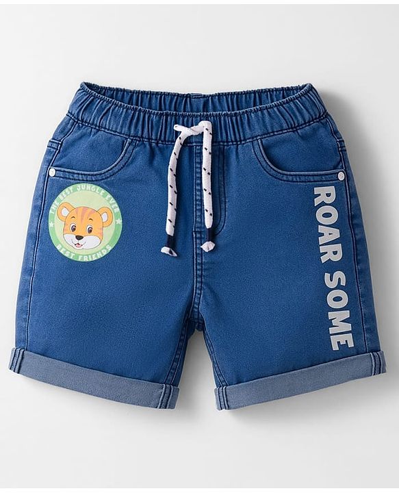 Babyhug Denim Mid Thigh Short With Stretch & Text Print - Navy Blue
