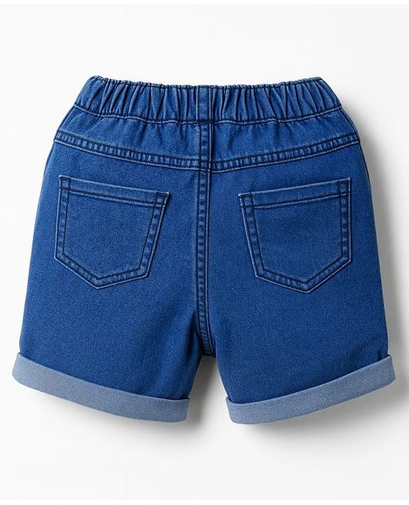 Babyhug Denim Mid Thigh Short With Stretch & Text Print - Navy Blue