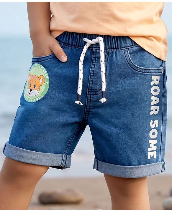 Babyhug Denim Mid Thigh Short With Stretch & Text Print - Navy Blue