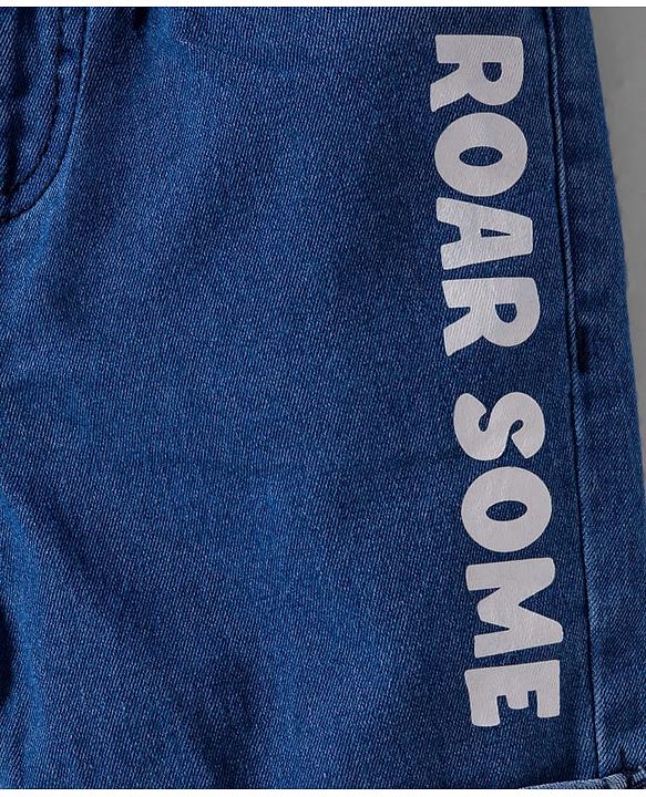 Babyhug Denim Mid Thigh Short With Stretch & Text Print - Navy Blue