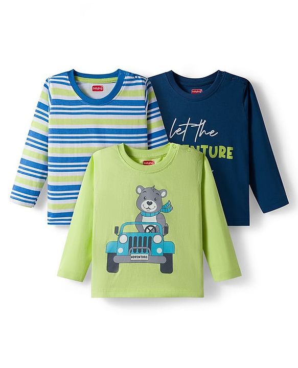Babyhug 100% Cotton Knit Full Sleeves T-Shirts with Bear Print & Stripes Pack of 3 - Multicolor