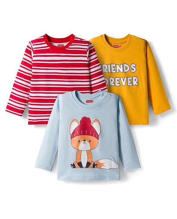 Babyhug 100% Cotton Knit Full Sleeves T-Shirts with Fox Graphic & Stripes Pack of 3 - Red Yellow & Light Blue