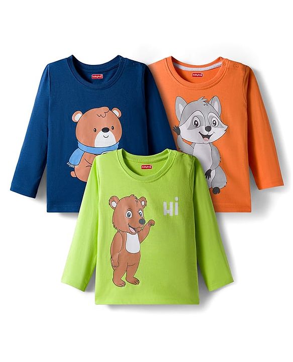 Babyhug 100% Cotton Knit Full Sleeves T-Shirts with Animal Graphics Pack of 3 - Navy Blue Lime Green & Coral