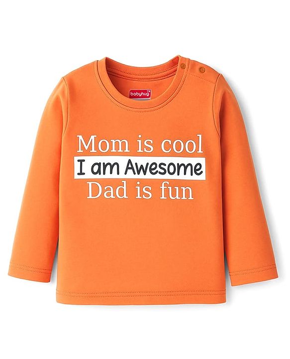 Babyhug 100% Cotton Knit Full Sleeves T-Shirt with Text Graphic - Orange