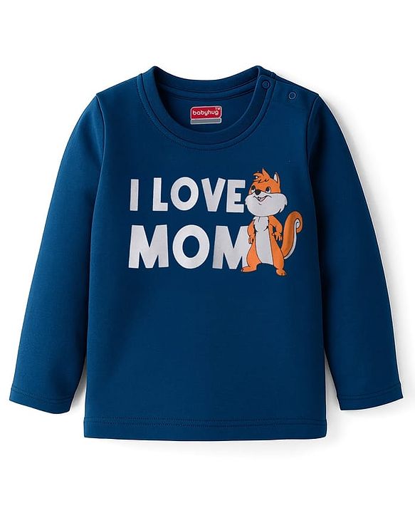 Babyhug 100% Cotton Knit Full Sleeves T-Shirt with Text Graphic - Navy Blue