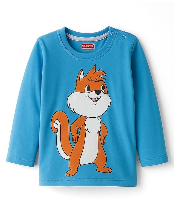 Babyhug 100% Cotton Knit Full Sleeves T-Shirt with Squirrel Graphic - Light Blue