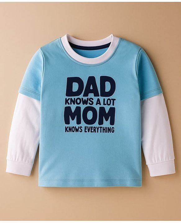 Babyhug 100% Cotton Knit Full Sleeves T-Shirt with Text Graphic - Light Blue