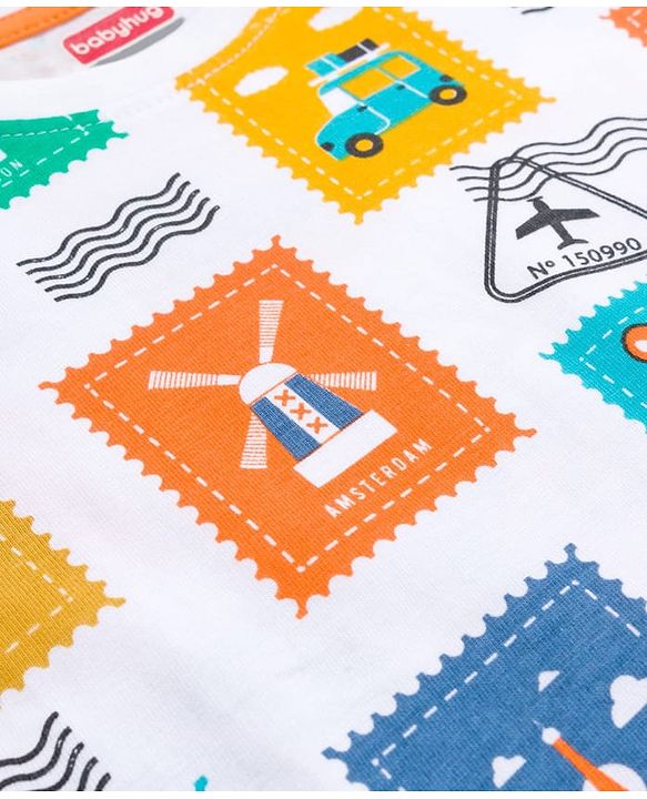 Babyhug 100% Cotton Knit Full Sleeves T-Shirt with Postcard Stamp Print - White