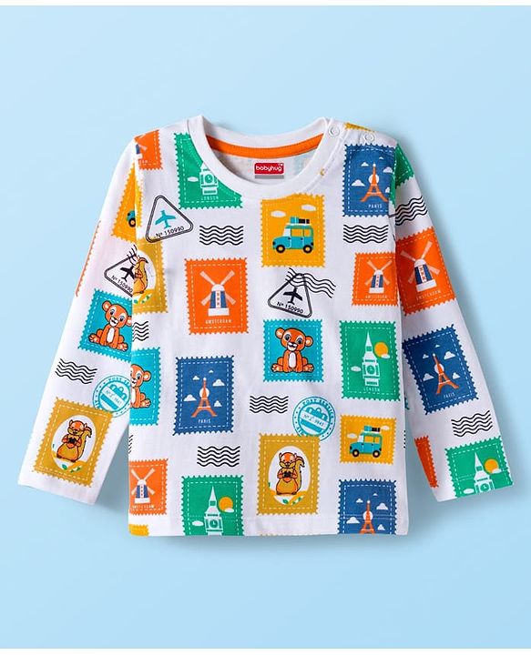 Babyhug 100% Cotton Knit Full Sleeves T-Shirt with Postcard Stamp Print - White