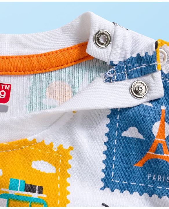 Babyhug 100% Cotton Knit Full Sleeves T-Shirt with Postcard Stamp Print - White
