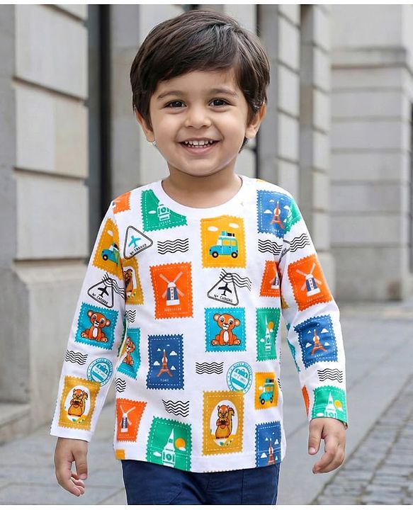 Babyhug 100% Cotton Knit Full Sleeves T-Shirt with Postcard Stamp Print - White
