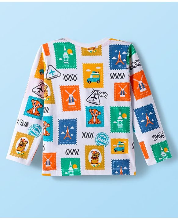Babyhug 100% Cotton Knit Full Sleeves T-Shirt with Postcard Stamp Print - White