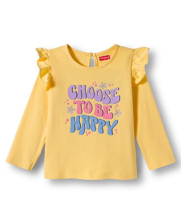 Babyhug 100% Cotton Knit Full Sleeves T-Shirts with Frill Detailing Floral Polka Dots & Text Print Pack of 3 - Yellow Navy Blue & Pink