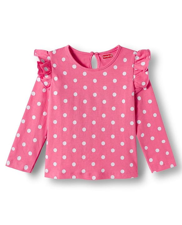 Babyhug 100% Cotton Knit Full Sleeves T-Shirts with Frill Detailing Floral Polka Dots & Text Print Pack of 3 - Yellow Navy Blue & Pink