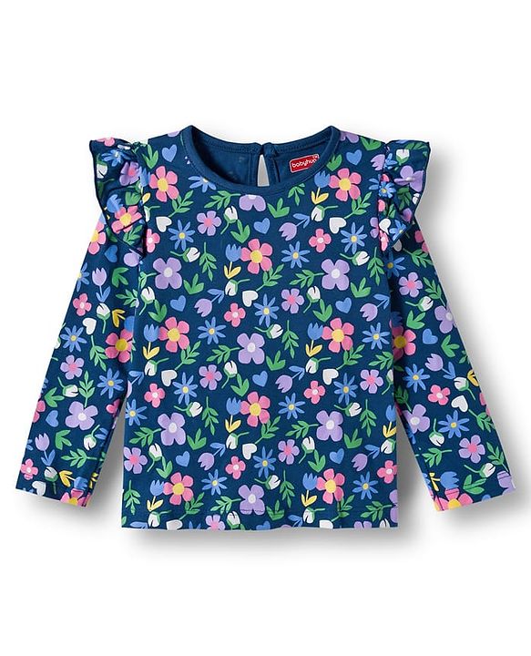 Babyhug 100% Cotton Knit Full Sleeves T-Shirts with Frill Detailing Floral Polka Dots & Text Print Pack of 3 - Yellow Navy Blue & Pink