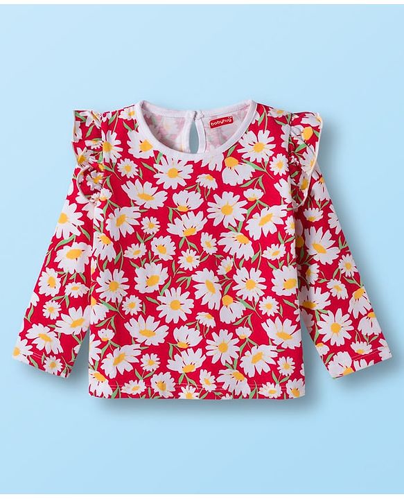 Babyhug 100% Cotton Knit Full Sleeves T-Shirts with Frill Detailing Polka Dots & Floral Print Pack of 3 - Red Yellow & White