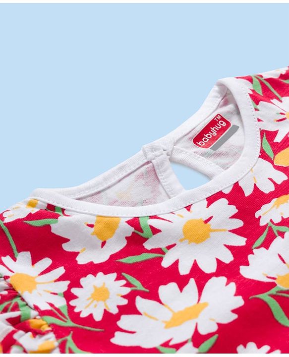 Babyhug 100% Cotton Knit Full Sleeves T-Shirts with Frill Detailing Polka Dots & Floral Print Pack of 3 - Red Yellow & White