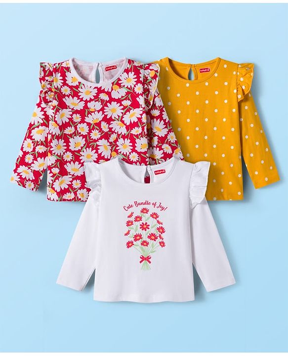 Babyhug 100% Cotton Knit Full Sleeves T-Shirts with Frill Detailing Polka Dots & Floral Print Pack of 3 - Red Yellow & White