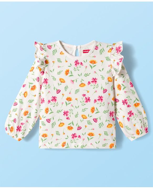 Babyhug 100% Cotton Knit Full Sleeves T-Shirts with Frill Detailing Floral & Glitter Print Pack of 3 - Pink Dark Red & White