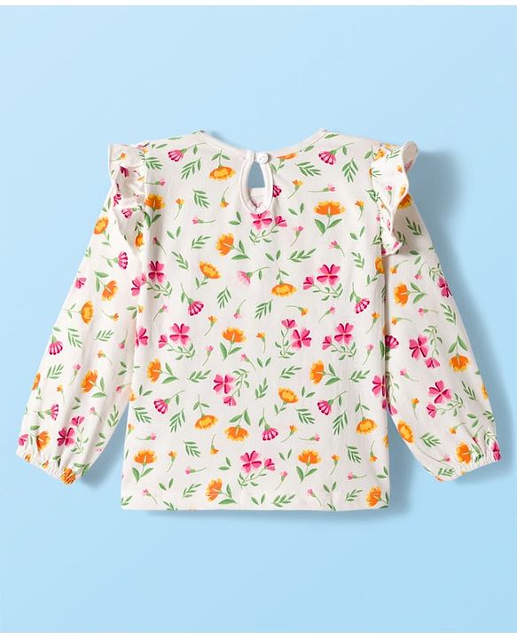 Babyhug 100% Cotton Knit Full Sleeves T-Shirts with Frill Detailing Floral & Glitter Print Pack of 3 - Pink Dark Red & White