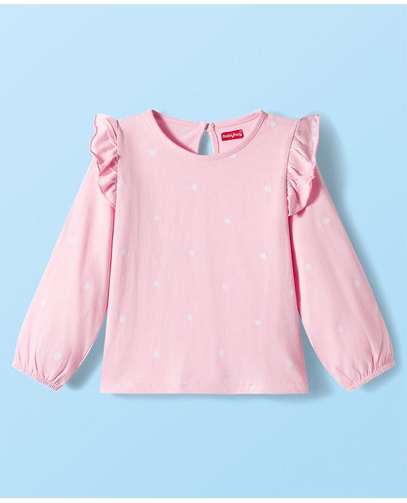 Babyhug 100% Cotton Knit Full Sleeves T-Shirts with Frill Detailing Floral & Glitter Print Pack of 3 - Pink Dark Red & White