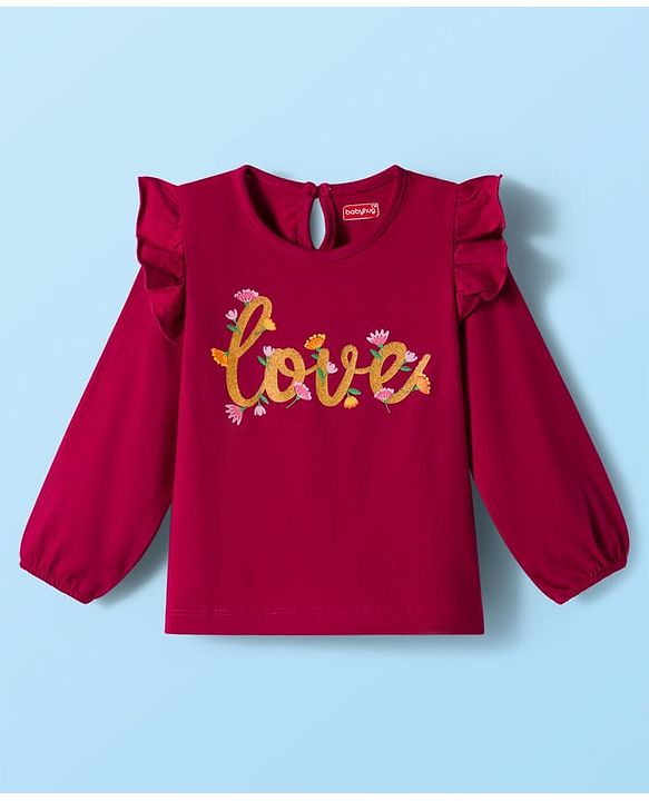 Babyhug 100% Cotton Knit Full Sleeves T-Shirts with Frill Detailing Floral & Glitter Print Pack of 3 - Pink Dark Red & White