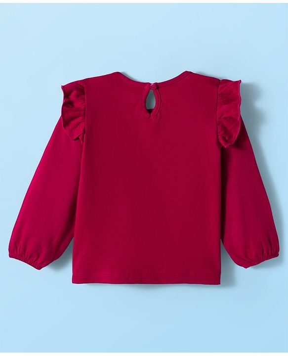 Babyhug 100% Cotton Knit Full Sleeves T-Shirts with Frill Detailing Floral & Glitter Print Pack of 3 - Pink Dark Red & White