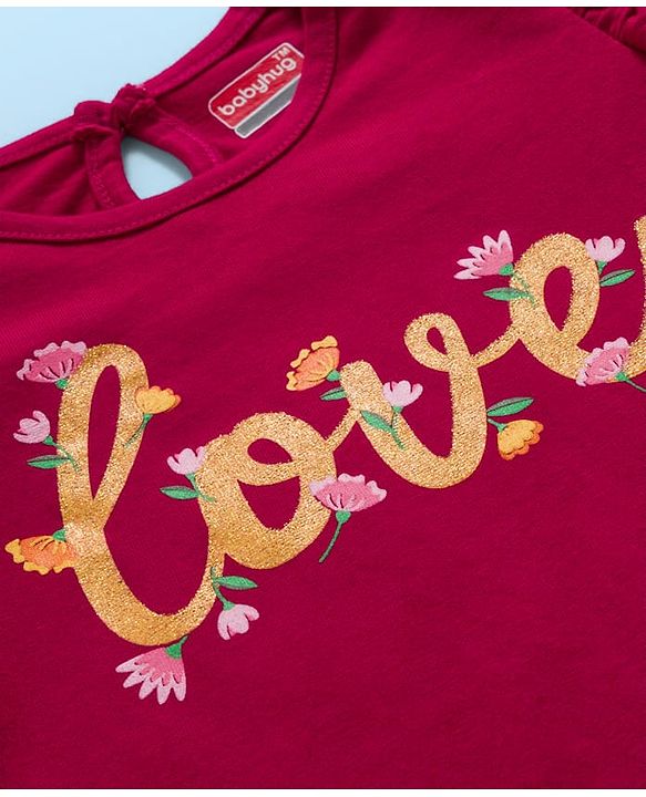Babyhug 100% Cotton Knit Full Sleeves T-Shirts with Frill Detailing Floral & Glitter Print Pack of 3 - Pink Dark Red & White