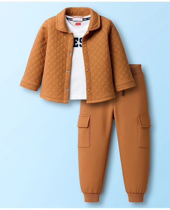 Babyhug Single Jersey Knit Full Sleeves Solid Color Shirt & Joggers Set with Inner Tee - Brown