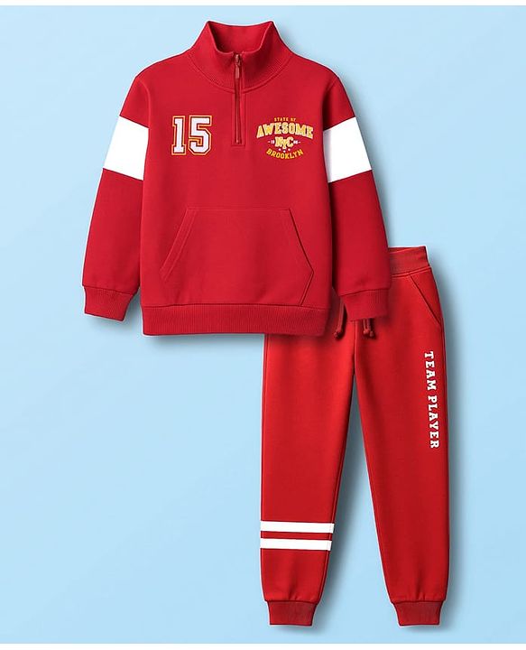 Babyhug Terry Knit Full Sleeves T-Shirt & Lounge Pant Set with Text Print - Maroon